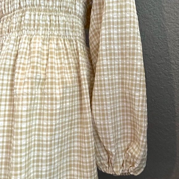 LEYDEN Smocked Boho Mini Peasant Prairie Beige & White Plaid Dress - NWT - L - Picture 4 of 16
